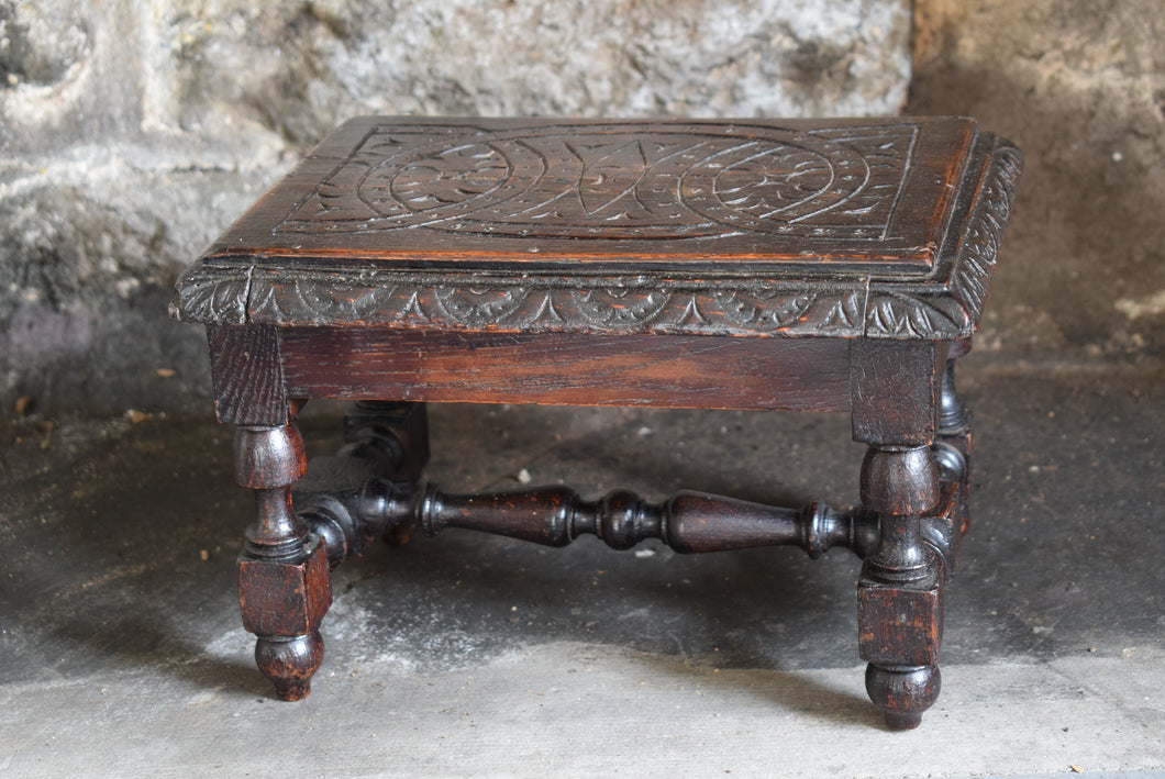 Small Antique Carved Oak Footstool 
