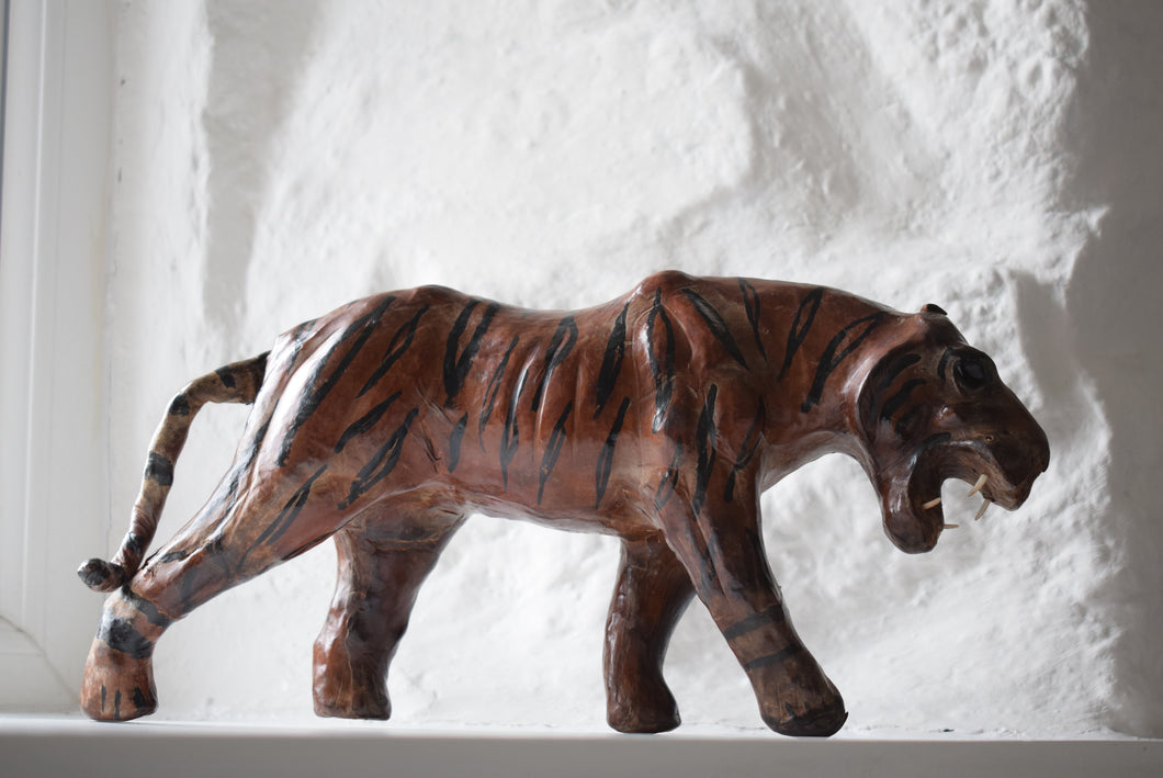 Antique Leather Sculpture Burmese Tiger 