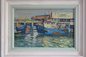 Oil Painting Fishing Boats at Harbour