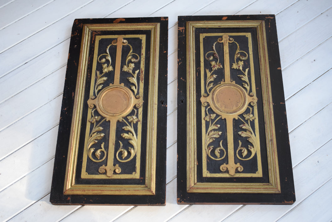 Antique Pair of Black and Gilt Painted Door Panels 