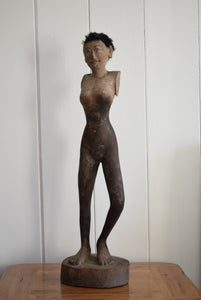 Antique Asian Statue Stick Figure Of Tall Wooden Female Form