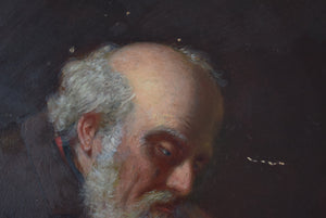 19th Century Oil on Panel Old Man in Contemplation