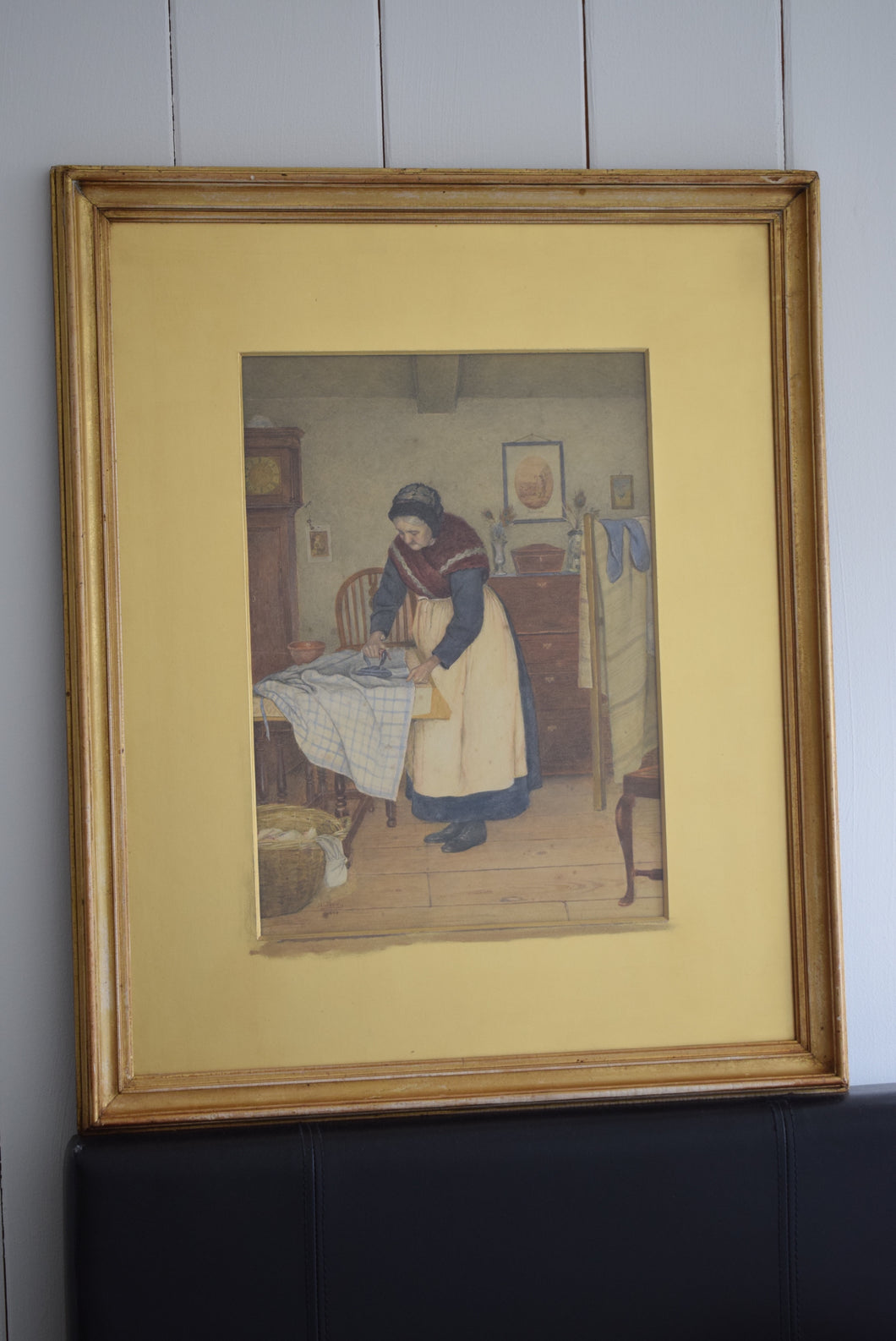 Antique Framed Watercolour  Victorian Lady Ironing