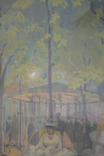 Load image into Gallery viewer, French Mixed Media Painting Night Time Park Scene Early 20th Century