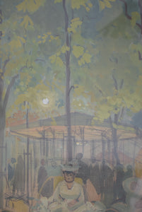 French Mixed Media Painting Night Time Park Scene Early 20th Century