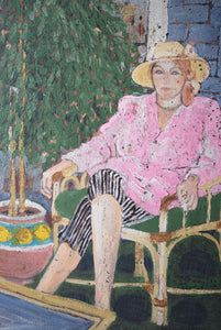 Portrait of a seated woman in Pink