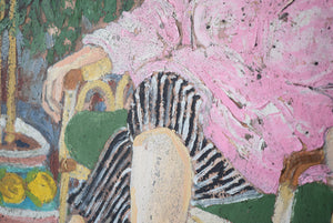 Portrait of a seated woman in Pink