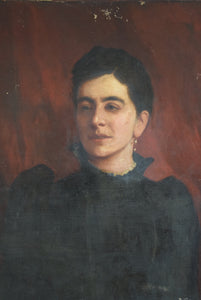 British School Oil Portrait of a Young Woman in a Black Dress