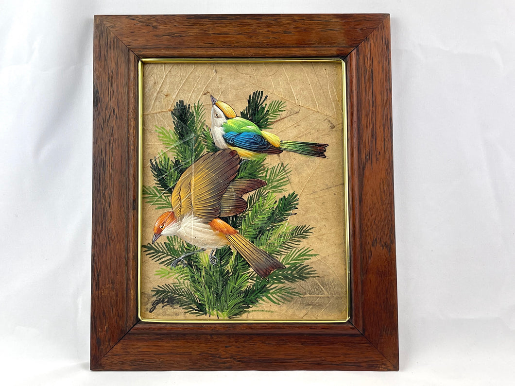 Early 20th Century Painting of Birds on a Leaf Background